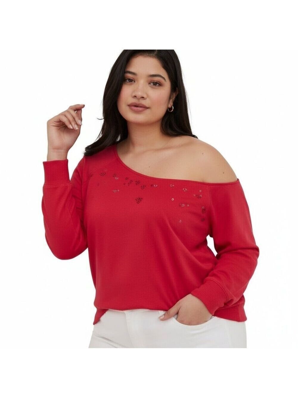 #87 Torrid Vibrant Pink Floral Embroidered Off-Shoulder Sweatshirt 0360